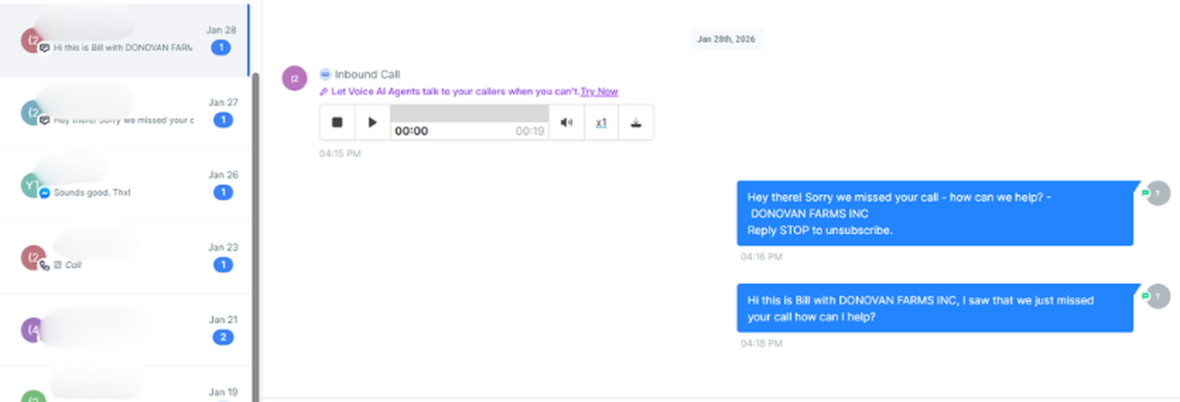 Donovan Farms missed call text back system — automated text sent within seconds of a missed call